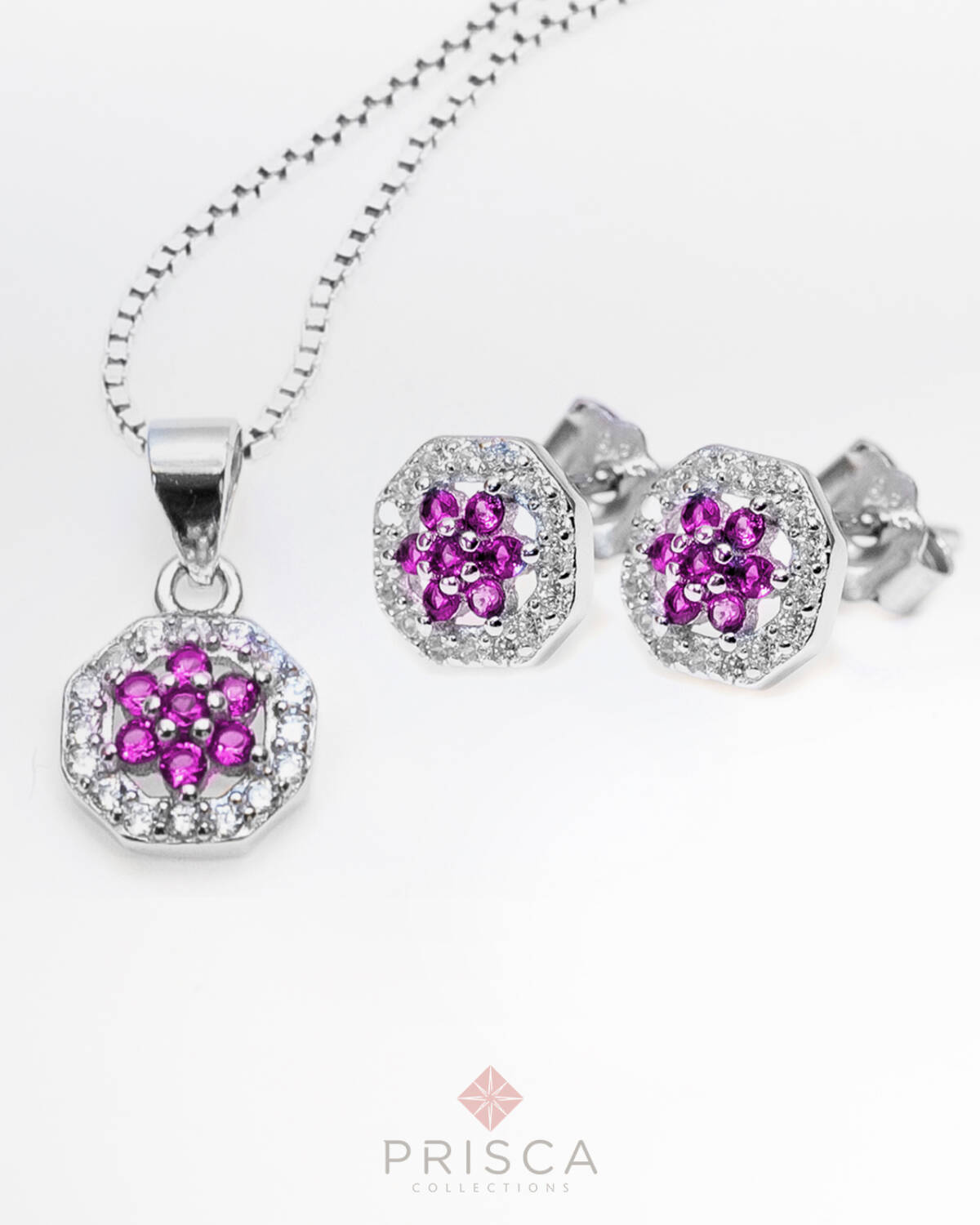 PR-ABN105ZMgPCBi-V_-_Parure_in_Argento_Fiore_5_petali_Zirconi_Magenta_Cornice_Pave_Bianco_Catena_Veneziana_1