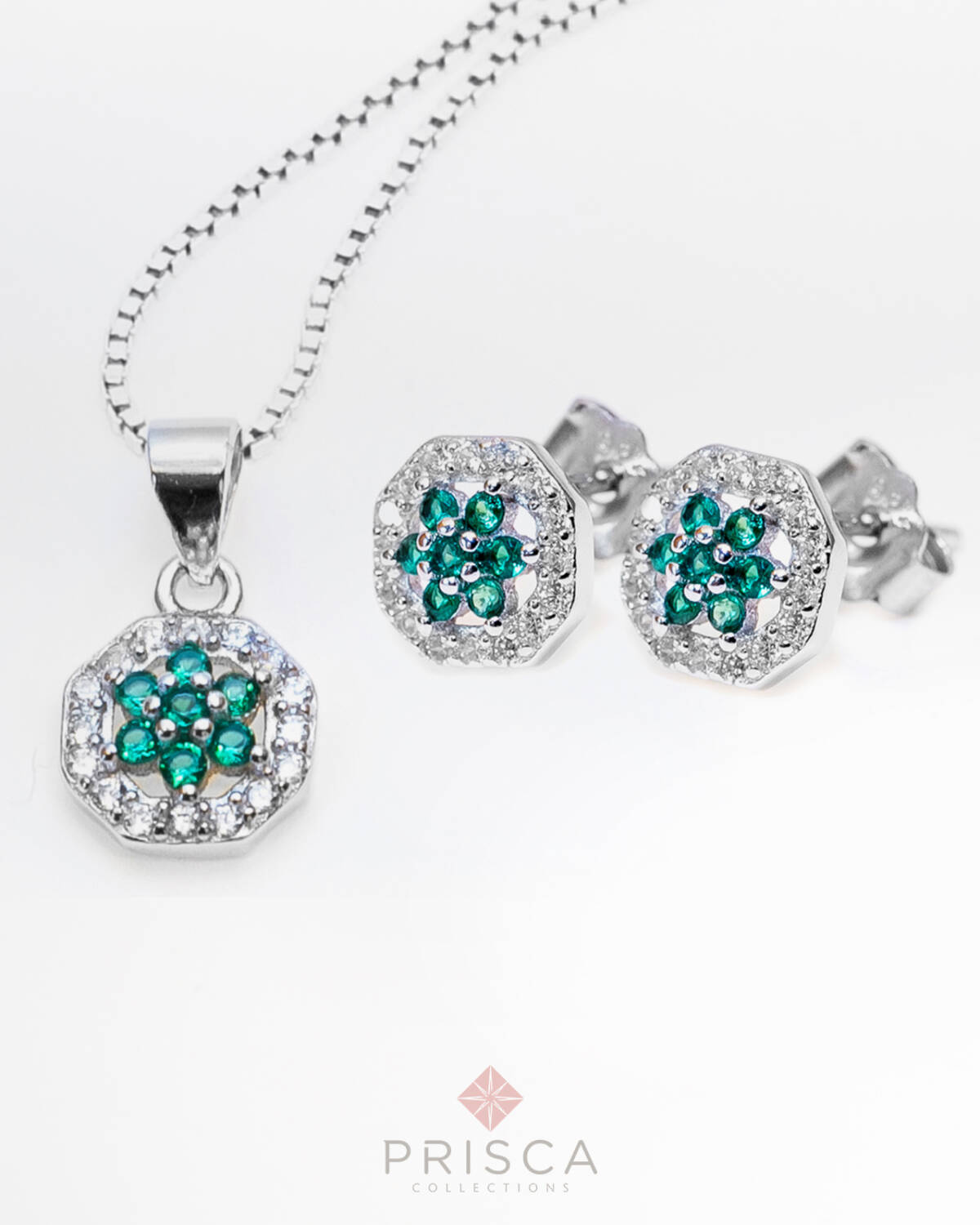 PR-ABN105ZVrPCBi-V_-_Parure_in_Argento_Fiore_5_petali_Zirconi_Verde_Cornice_Pave_Bianco_Catena_Veneziana_1