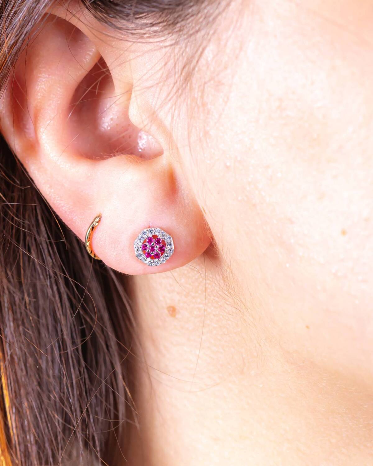 Parure in Argento Fiore 5 petali Zirconi Magenta Cornice Pave Bianco Catena Veneziana da 45 cm