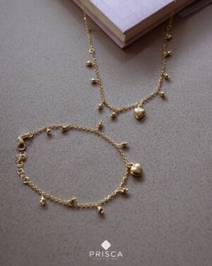 Parure in Argento Placcato Oro Cuore  Bombato Oro Catena Forzatina Allungo